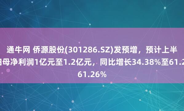 通牛网 侨源股份(301286.SZ)发预增，预计上半年归母净利润1亿元至1.2亿元，同比增长34.38%至61.26%